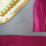 Vintage Hermes 1970 Aux Champs by Caty Latham 90cm Scarf Gray/Raspberry Silk Twill