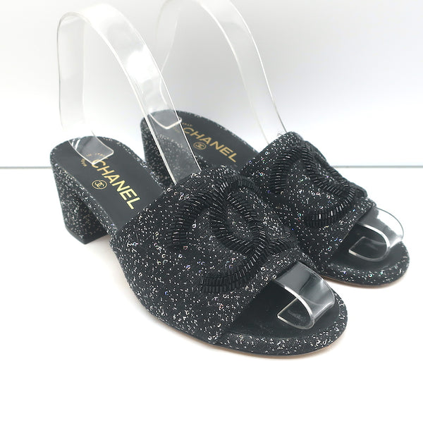 Chanel 19P Beaded CC Slide Sandals Black Sequined Tweed Size 37 Open T –  Celebrity Owned