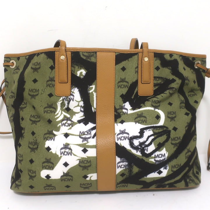 MCM x Patricia Field Liz Reversible Large Tote Olive/Brown Canvas Shoulder Bag