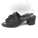 Chanel 19P Beaded CC Slide Sandals Black Sequined Tweed Size 37 Open Toe Heels