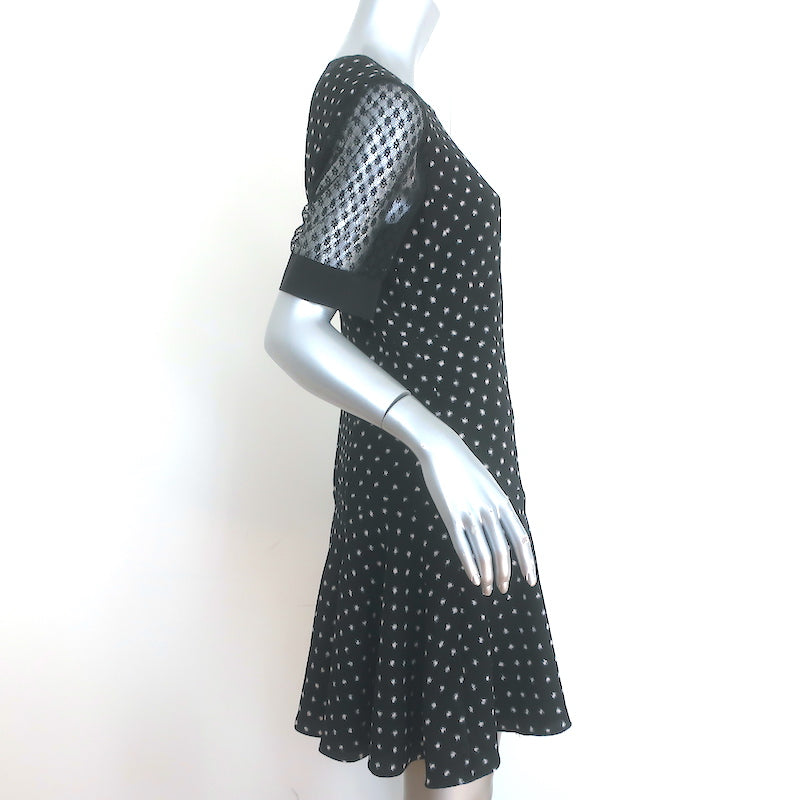 Rebecca Taylor Lace-Sleeve Mini Dress Black Polka Dot Print Crepe Size 8