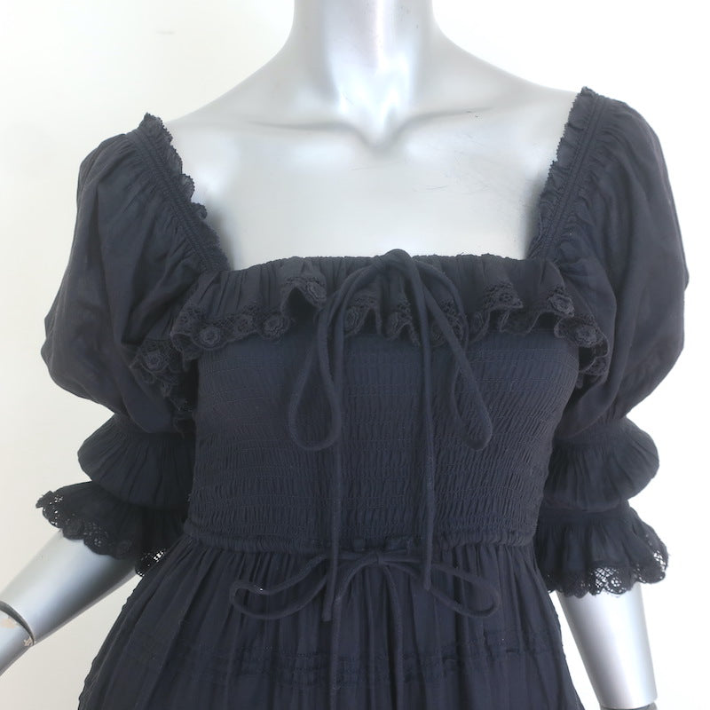 Doen Izabel Puff Sleeve Midi Dress Navy-Black Cotton Size Extra Extra Small