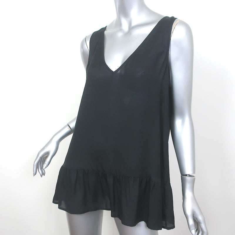 THE GREAT Ruffle Hem Tank Top Black Silk Size 2 Sleeveless V-Neck Blouse