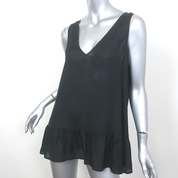 THE GREAT Ruffle Hem Tank Top Black Silk Size 2 Sleeveless V-Neck Blouse