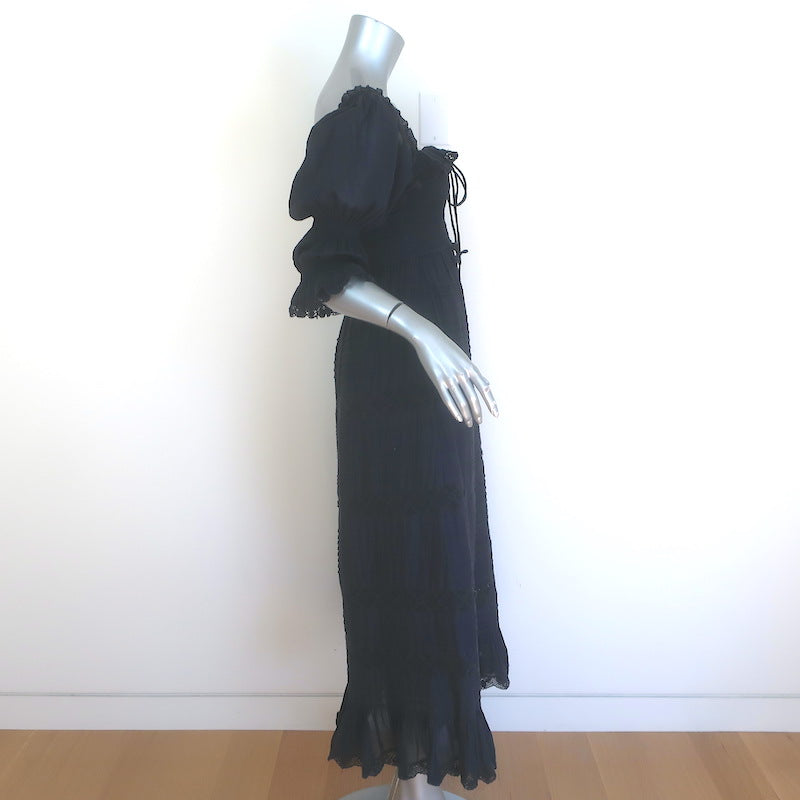 Doen Izabel Puff Sleeve Midi Dress Navy-Black Cotton Size Extra Extra Small