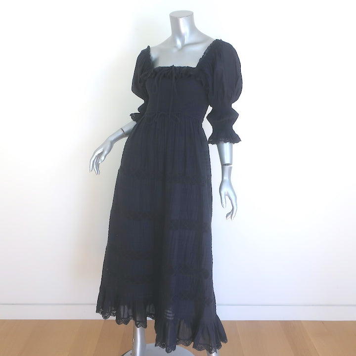 Doen Izabel Puff Sleeve Midi Dress Navy-Black Cotton Size Extra Extra Small