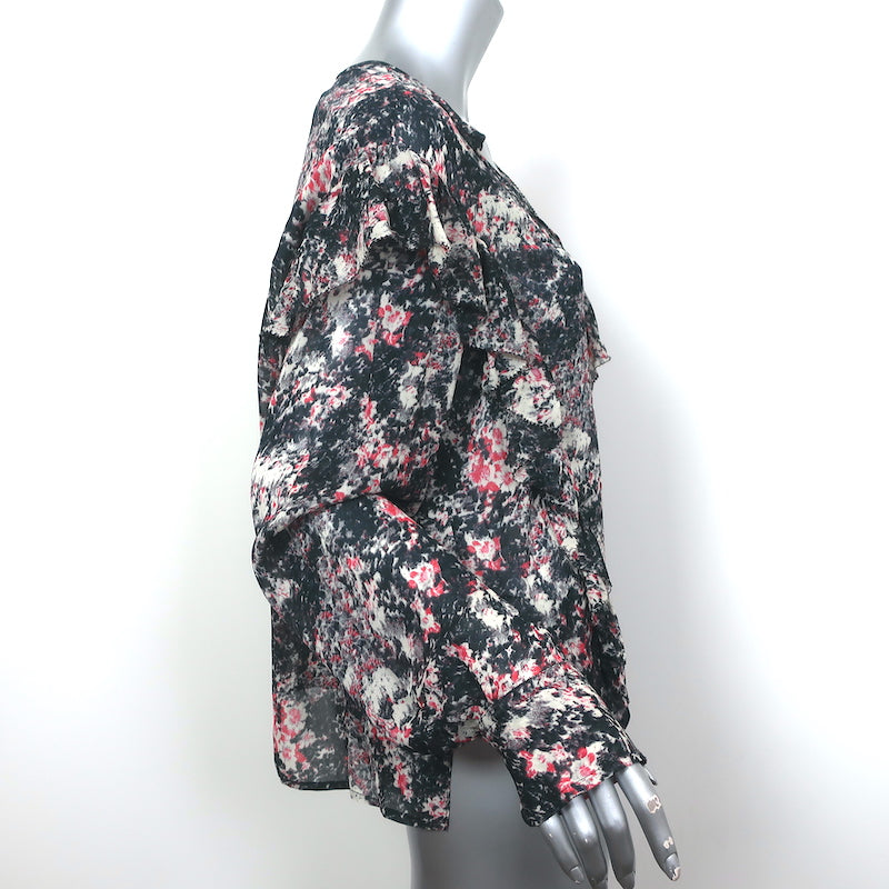 Isabel Marant Etoile Ruffle Blouse Jelby Black/Multi Printed Crepe Size 38