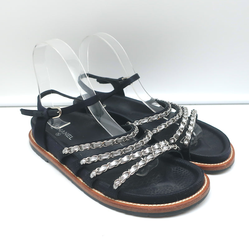 Chanel 20C CC Chain Wicker Platform Wedge Sandals Black Leather Size 39.5 New