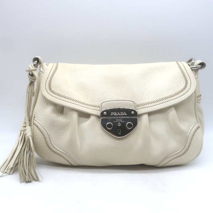 Prada Vitello Daino Pushlock Flap Bag Cream Grained Leather
