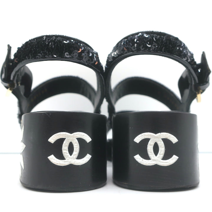 Chanel 16C Sequin Slingback Sandals Black Size 38.5