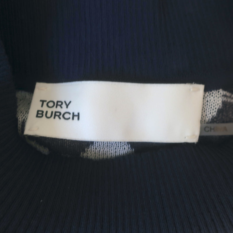 Tory Burch Jacquard Knit Mock Neck Top Navy/Light Gray Size Medium