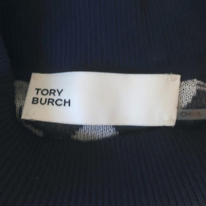 Tory Burch Jacquard Knit Mock Neck Top Navy/Light Gray Size Medium