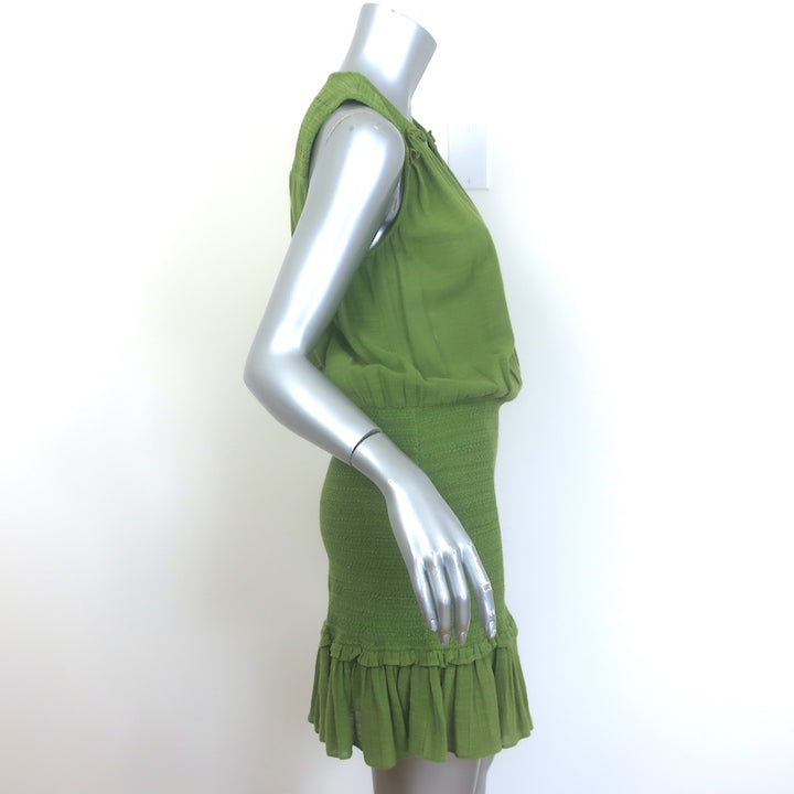 Veronica Beard Cox Sleeveless Smocked Mini Dress Green Cotton Gauze Size Medium