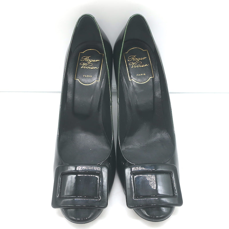 Roger Vivier Belle De Nuit Pumps Dark Green Iridescent Patent Leather Size 38