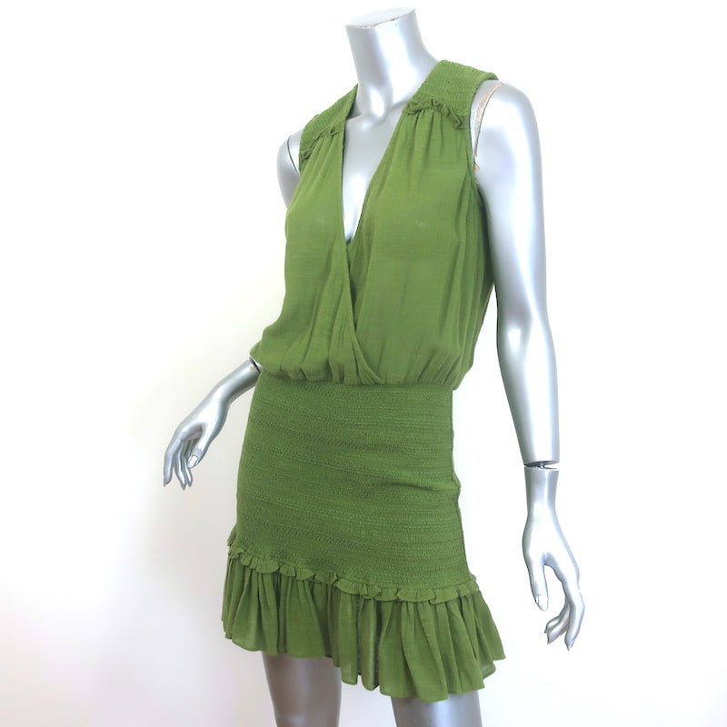 Veronica Beard Cox Sleeveless Smocked Mini Dress Green Cotton Gauze Size Medium