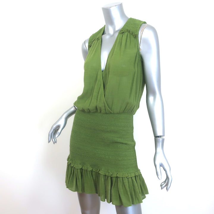 Veronica Beard Cox Sleeveless Smocked Mini Dress Green Cotton Gauze Size Medium