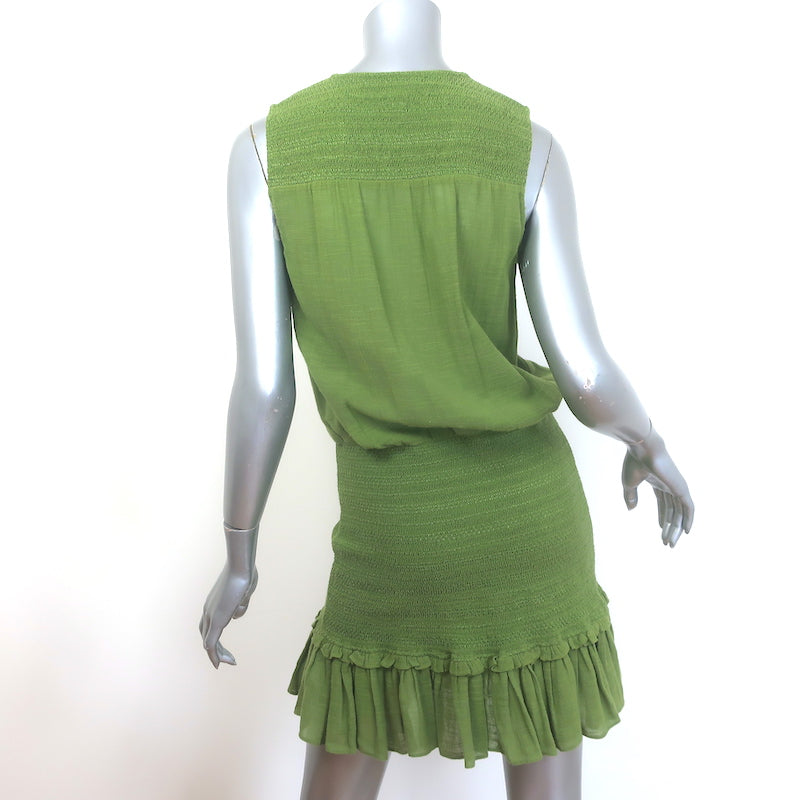 Veronica Beard Cox Sleeveless Smocked Mini Dress Green Cotton Gauze Size Medium