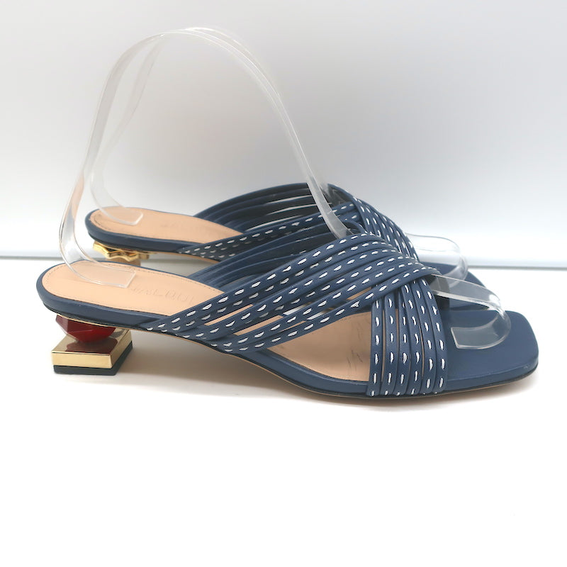Jacquemus Castana Crisscross Sandals Navy Leather Size 37 Kitten Heel Slides