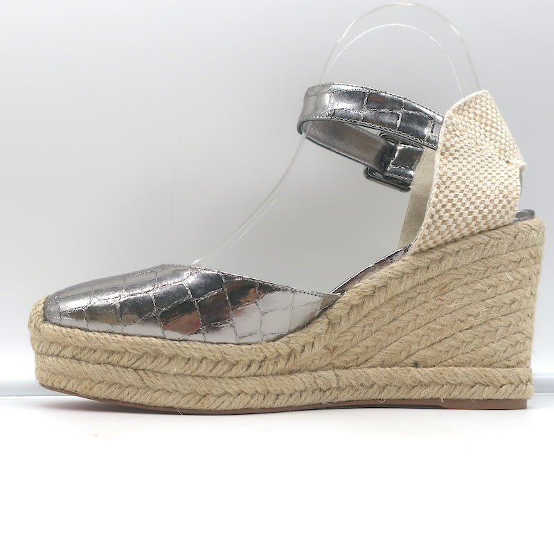 Christian Louboutin Amelina Wedge Sandals Silver Croc-Print Leather Size 38 NEW