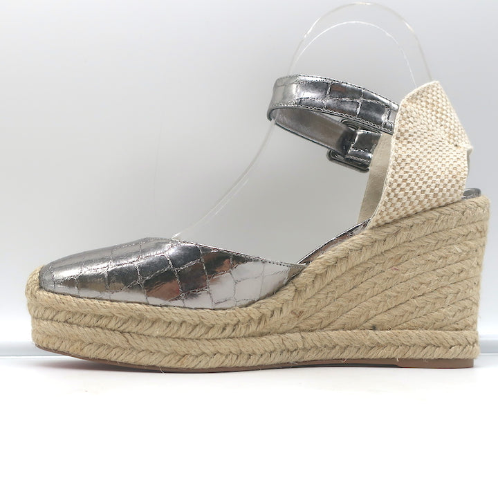 Christian Louboutin Amelina Wedge Sandals Silver Croc-Print Leather Size 38 NEW