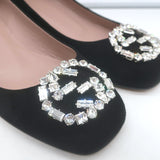 Gucci Sparkling Crystal GG Ballet Flats Black Suede Size 38 Kitten-Heel Pumps