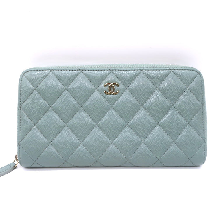 Chanel Quilted Caviar Leather Long Zip-Around Wallet Seafoam Blue