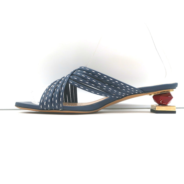 Jacquemus Castana Crisscross Sandals Navy Leather Size 37 Kitten Heel Slides
