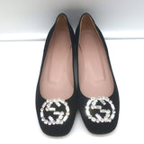 Gucci Sparkling Crystal GG Ballet Flats Black Suede Size 38 Kitten-Heel Pumps