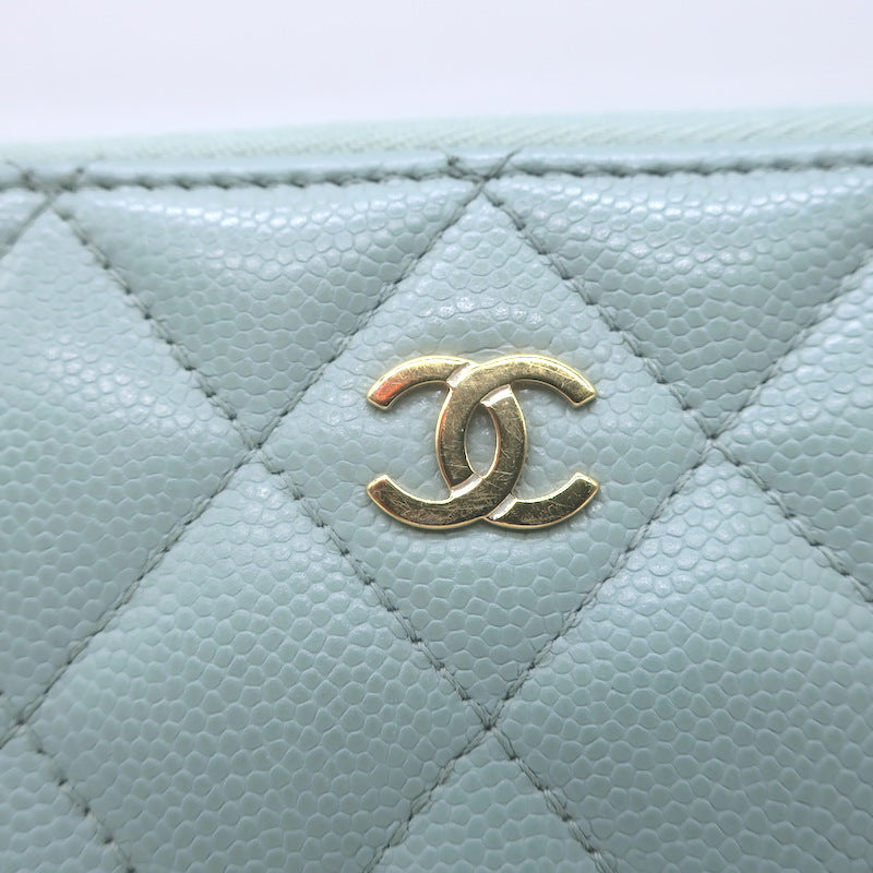 Chanel Quilted Caviar Leather Long Zip-Around Wallet Seafoam Blue