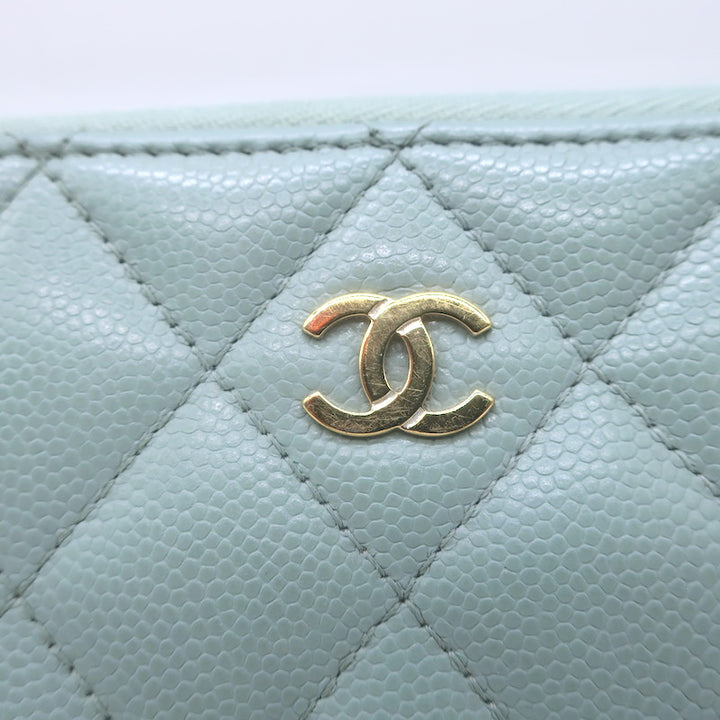 Chanel Quilted Caviar Leather Long Zip-Around Wallet Seafoam Blue