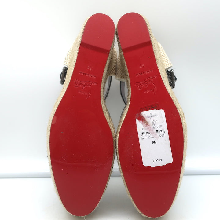 Christian Louboutin Amelina Wedge Sandals Silver Croc-Print Leather Size 38 NEW