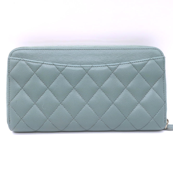 Chanel Quilted Caviar Leather Long Zip-Around Wallet Seafoam Blue