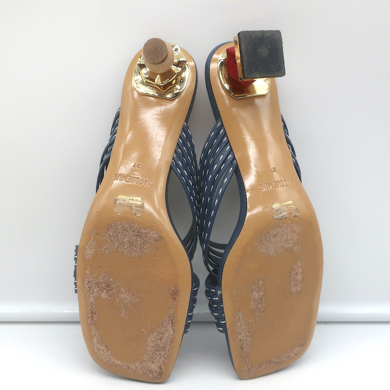 Jacquemus Castana Crisscross Sandals Navy Leather Size 37 Kitten Heel Slides