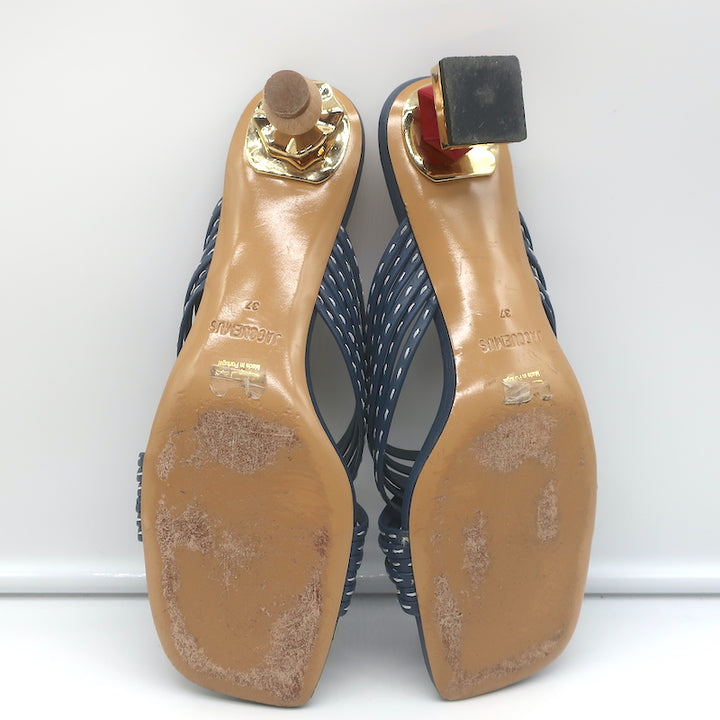 Jacquemus Castana Crisscross Sandals Navy Leather Size 37 Kitten Heel Slides