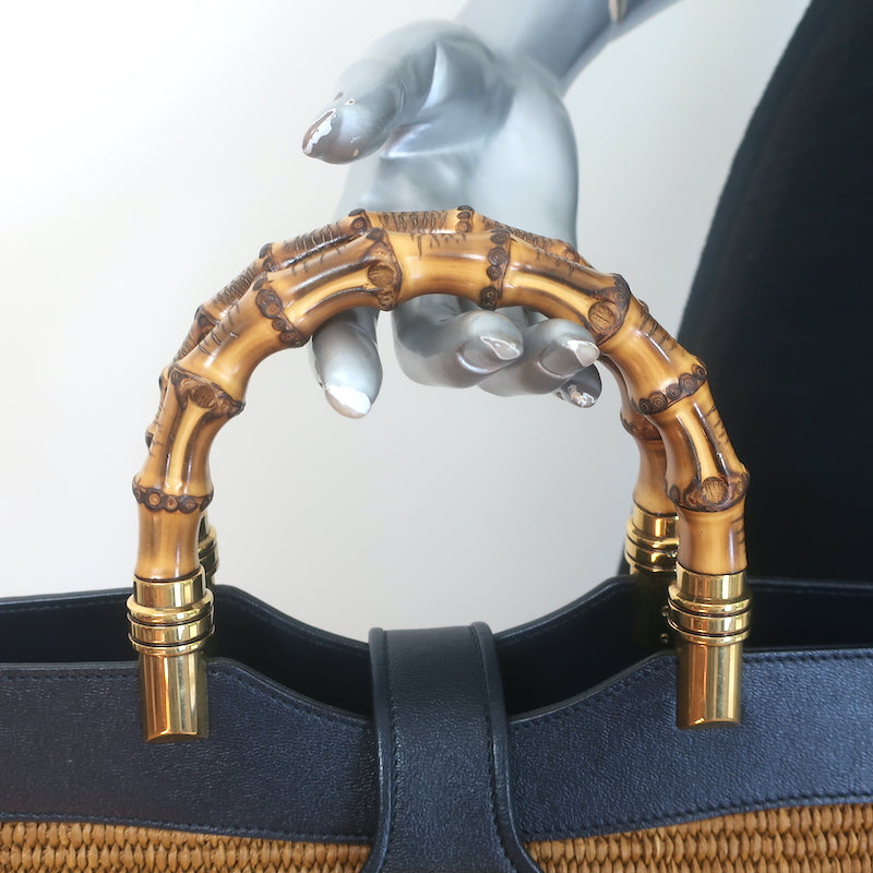 Gucci Dahlia Bamboo Handle Tote Brown Straw &amp; Navy Leather Crossbody Bag NEW