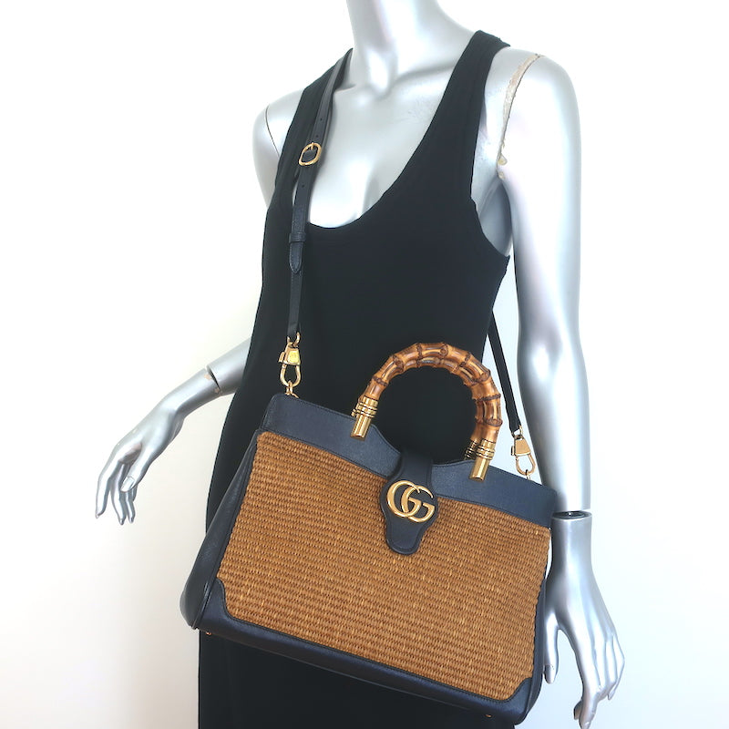 Gucci Dahlia Bamboo Handle Tote Brown Straw &amp; Navy Leather Crossbody Bag NEW