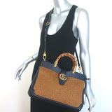 Gucci Dahlia Bamboo Handle Tote Brown Straw & Navy Leather Crossbody Bag NEW