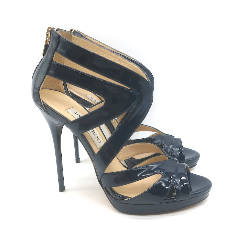 Jimmy Choo Collar Cutout Sandals Navy Patent Leather Size 37 Peep Toe Heels