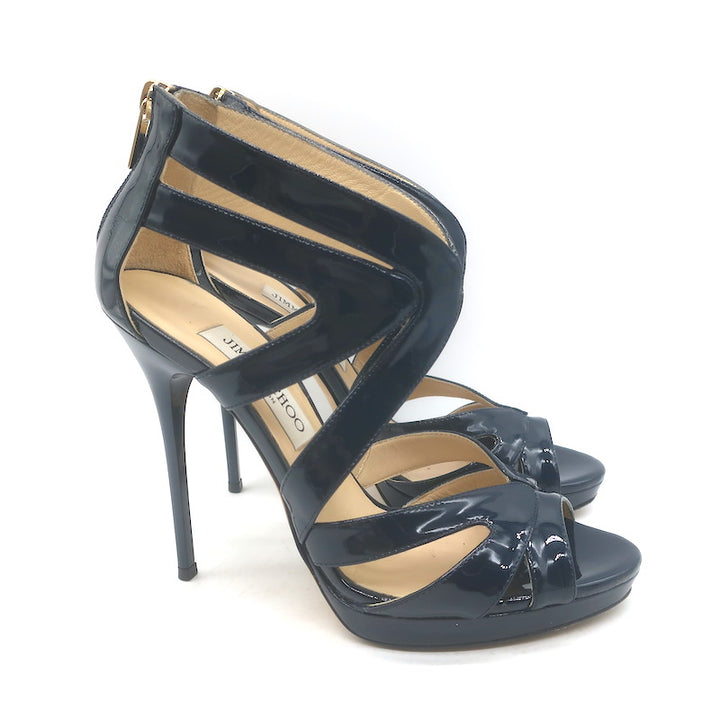 Jimmy Choo Collar Cutout Sandals Navy Patent Leather Size 37 Peep Toe Heels