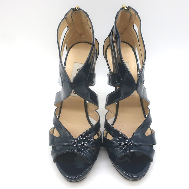 Jimmy Choo Collar Cutout Sandals Navy Patent Leather Size 37 Peep Toe Heels
