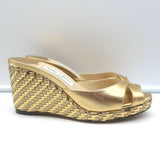 Jimmy Choo Almer 105 Metallic Woven Wedge Sandals Gold Leather Size 38