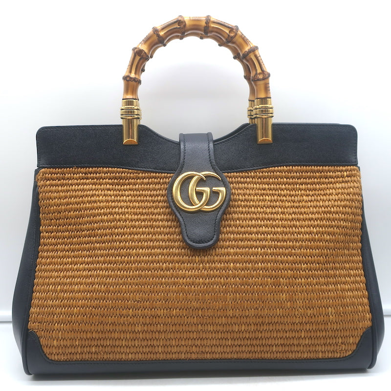 Gucci Dahlia Bamboo Handle Tote Brown Straw &amp; Navy Leather Crossbody Bag NEW