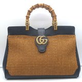 Gucci Dahlia Bamboo Handle Tote Brown Straw & Navy Leather Crossbody Bag NEW