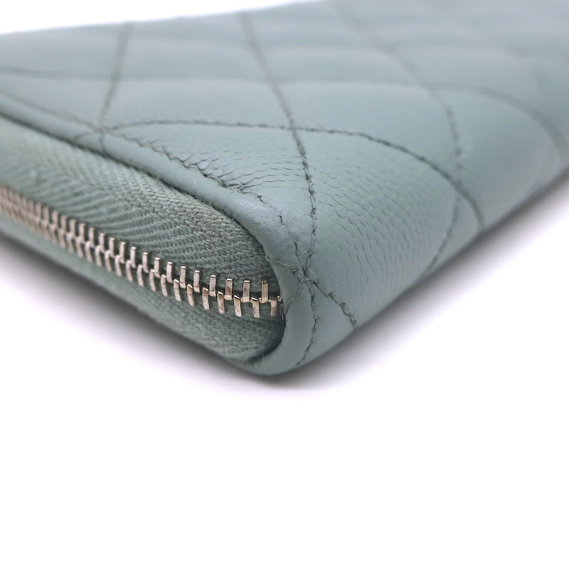 Chanel Quilted Caviar Leather Long Zip-Around Wallet Seafoam Blue