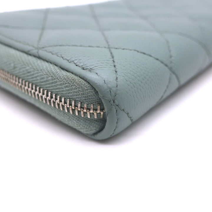 Chanel Quilted Caviar Leather Long Zip-Around Wallet Seafoam Blue