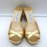 Jimmy Choo Almer 105 Metallic Woven Wedge Sandals Gold Leather Size 38