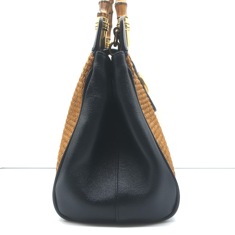 Gucci Dahlia Bamboo Handle Tote Brown Straw &amp; Navy Leather Crossbody Bag NEW