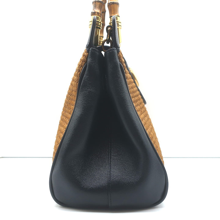 Gucci Dahlia Bamboo Handle Tote Brown Straw &amp; Navy Leather Crossbody Bag NEW