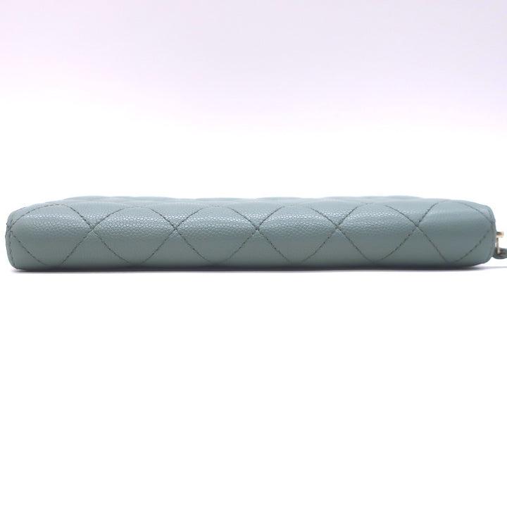Chanel Quilted Caviar Leather Long Zip-Around Wallet Seafoam Blue