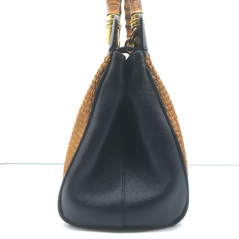 Gucci Dahlia Bamboo Handle Tote Brown Straw &amp; Navy Leather Crossbody Bag NEW
